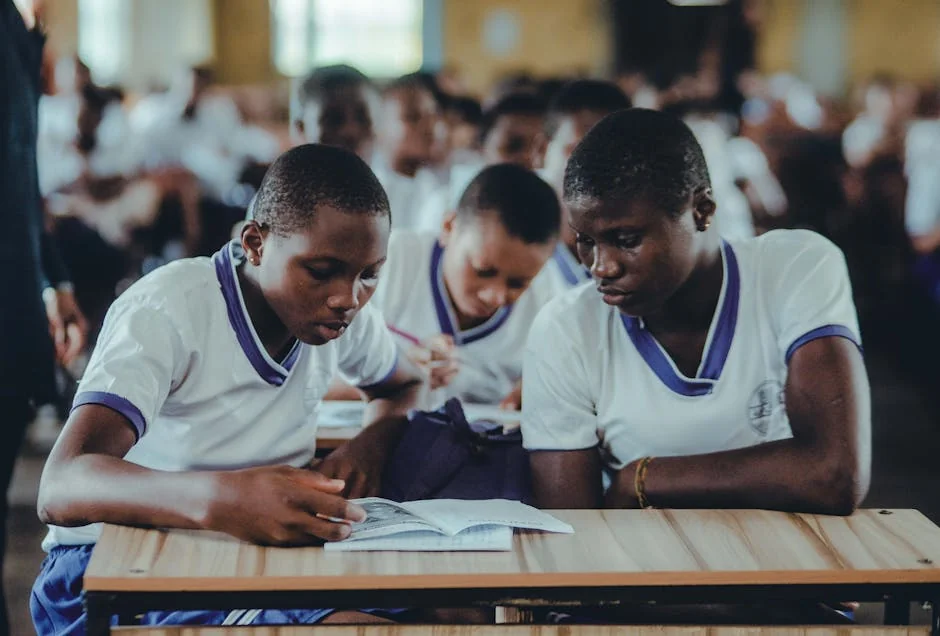 African students concentrating on their studies in a classroom setting, wearing uniforms. - learning school students - Early childhood education