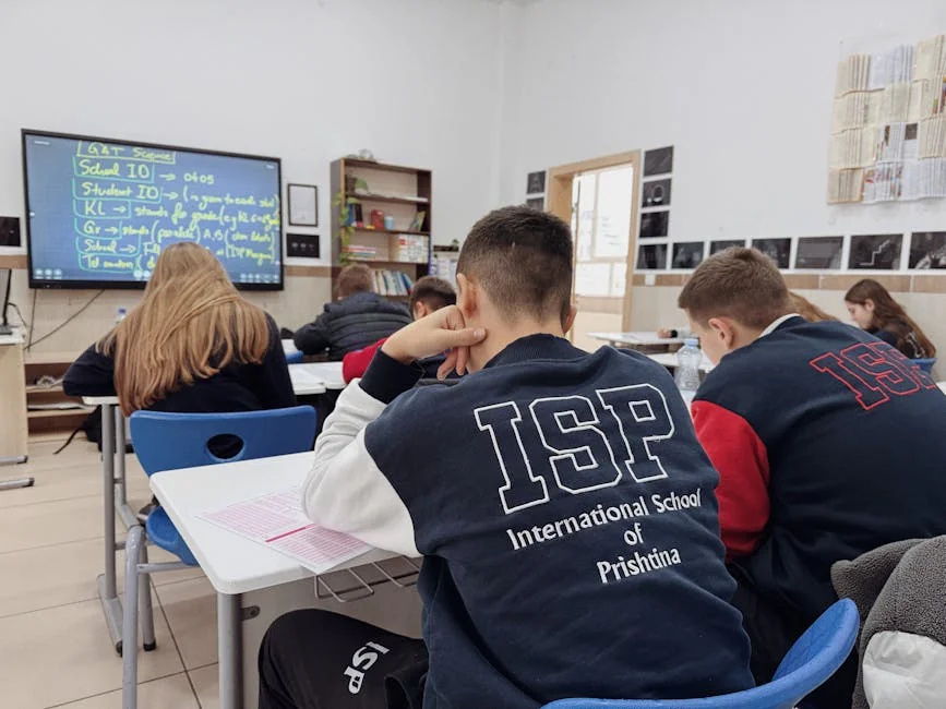 Students attentively learning in a classroom at the International School of Prishtina. - learning school students - Early childhood education