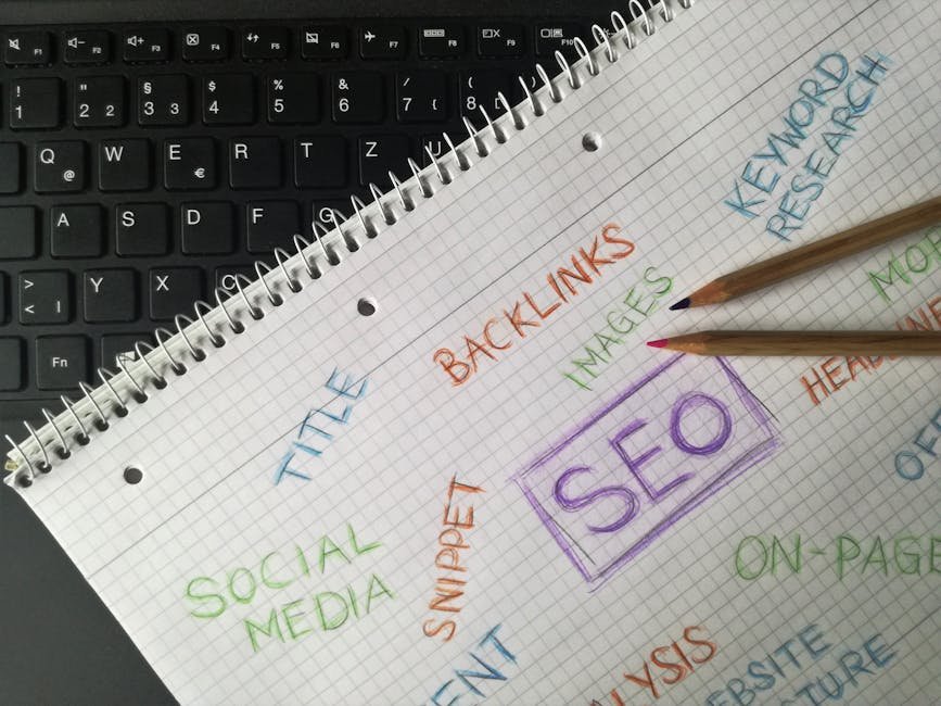 Close-up of notebook with SEO terms and keywords, highlighting digital marketing strategy. - search engine optimization - Google SEO