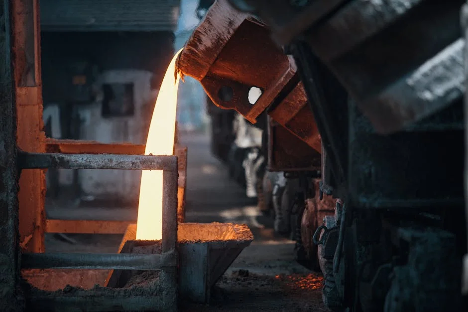 Molten metal pouring in a foundry, showcasing intense industrial processes. - mc nylon casting machine