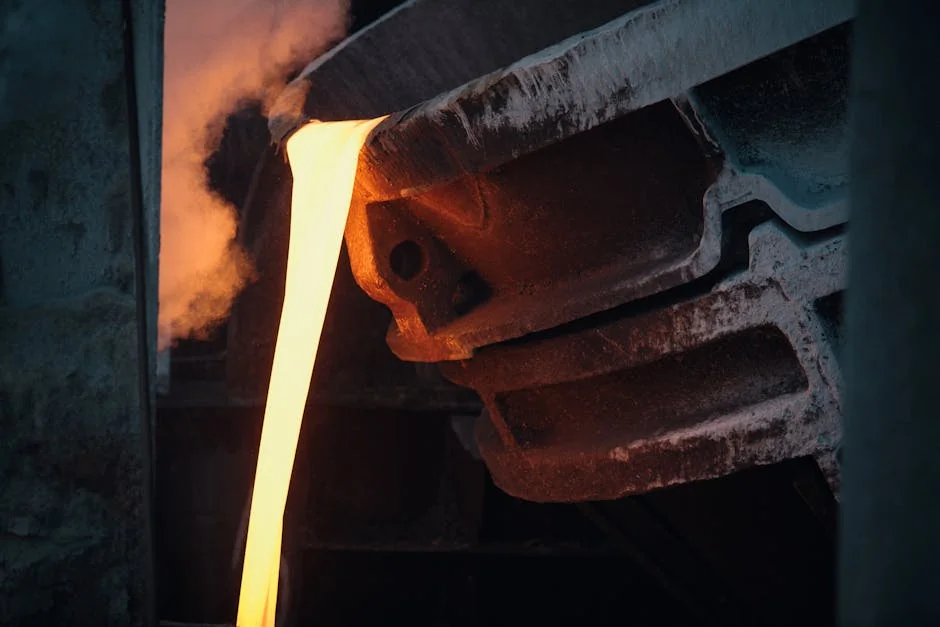 Molten metal pouring from ladle in industrial foundry, capturing the intense heat and energy. - mc nylon casting machine