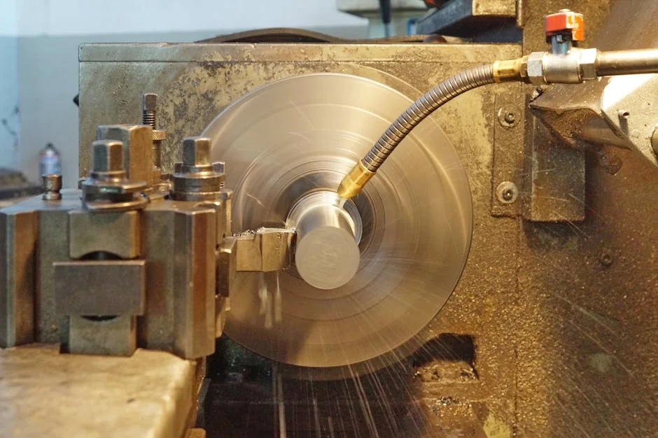 Precision metal lathe in action with metal being machined, indoors workshop. - mc nylon casting machine