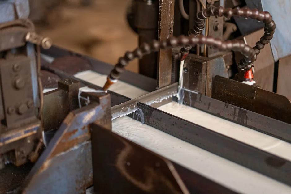 Close-up view of an industrial metal cutting machine in operation with coolant flowing. - mc nylon casting machine