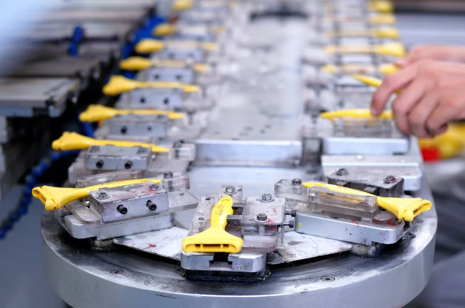 Close-up of a factory production line with yellow components being assembled. - mc nylon casting machine