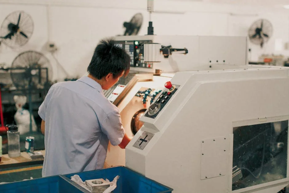 Worker focusing on operating industrial machinery in a factory setting. - mc nylon casting machine