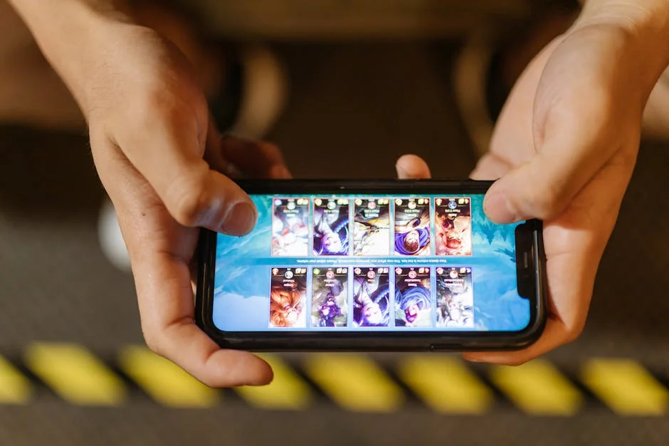 Close-up of hands playing a mobile game on a smartphone, showcasing the game's interface. - pubg mobile gameplay