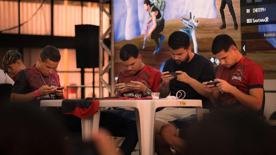 Group of gamers intensely focused during a mobile e-sports tournament indoors. - pubg mobile gameplay