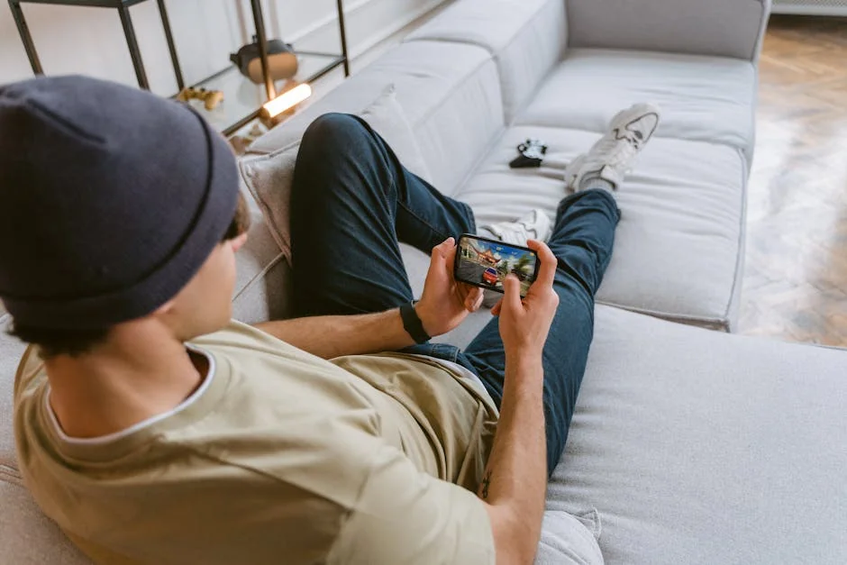 A young man in casual wear playing a mobile game while relaxing on a sofa indoors. - pubg mobile gameplay