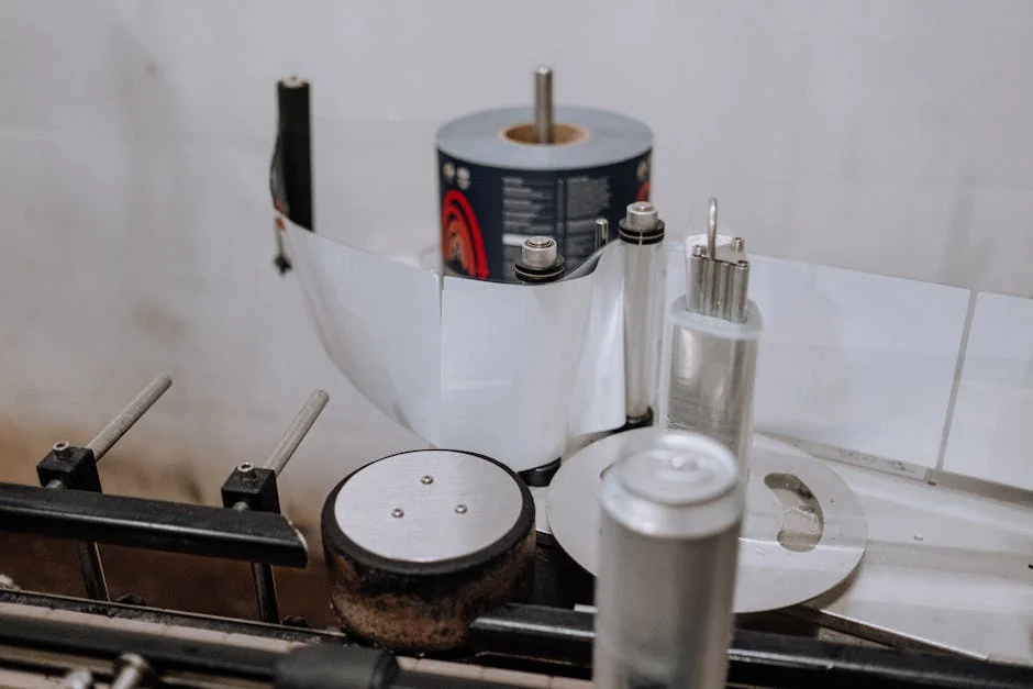 Detailed view of a brewery machinery used for labeling beer cans in an industrial setting. - snus packaging line