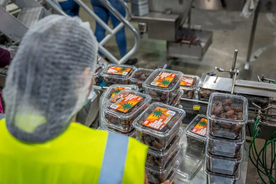 Worker managing date packaging in a modern industrial facility, ensuring quality control. - snus packaging line