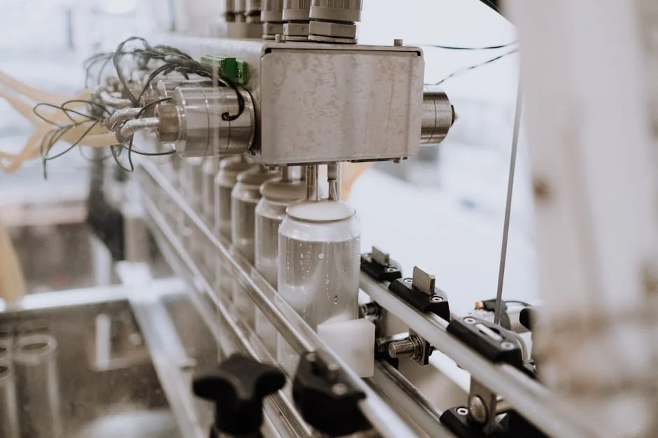 Close-up of an automated can filling machine in a beverage production line. - snus packaging line
