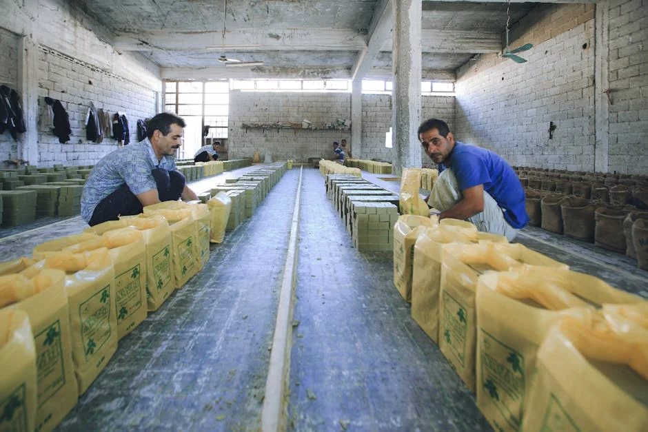 Two men working in a soap factory, crouched near piles of packaged soap inside an industrial hall. - snus packaging line