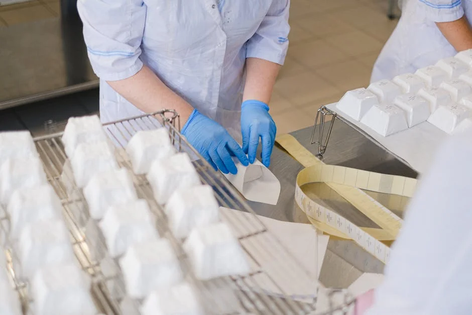 Close-up of hands in blue gloves wrapping cheese blocks in an indoor setting. - snus packaging line