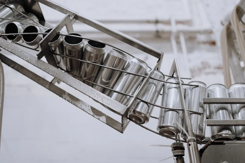 Conveyor belt with empty aluminum cans in a factory setting, showcasing production equipment. - snus packaging line